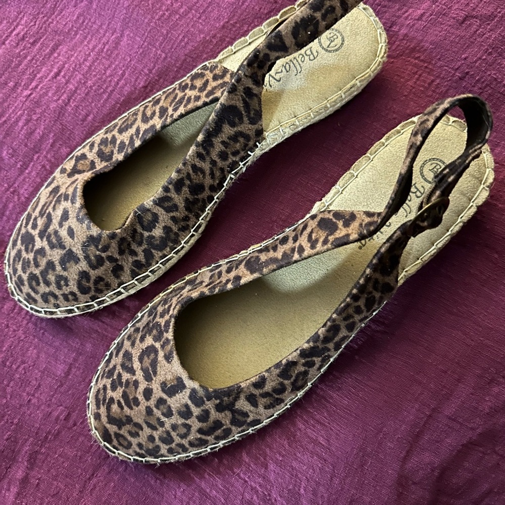 Leopard print espadrille shoe.